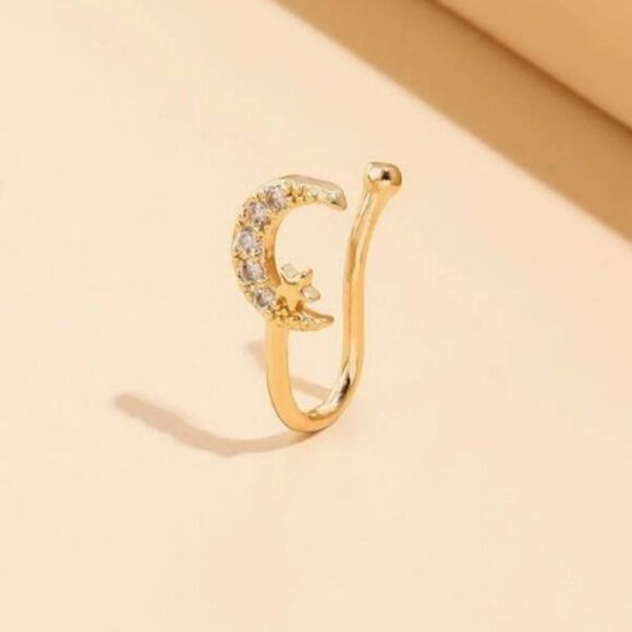 GOLD CRESCENT MOON DIAMOND STAR NOSE RING - Picture 2 of 4